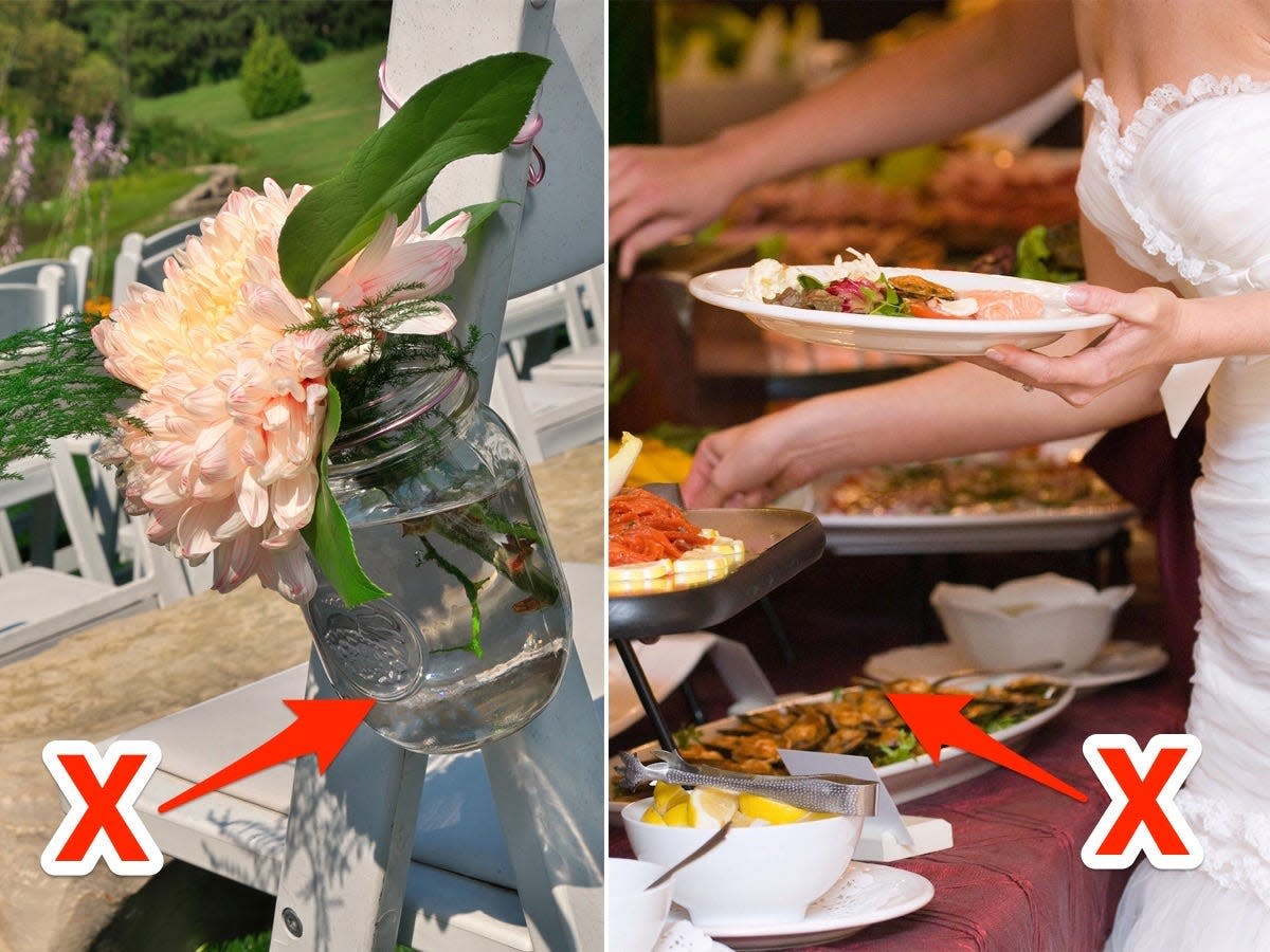 A side-by-side of a mason jar full of flowers with an x pointing towards it and a wedding buffet with an x pointing towards it.