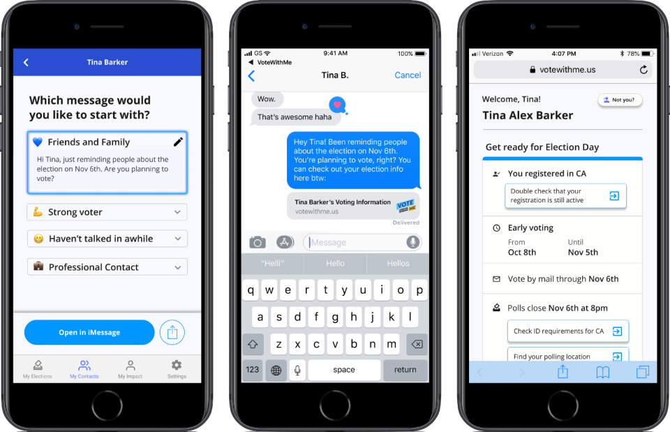 On VoteWithMe, you can send customized messages to your contacts telling them to get out the vote. / VoteWithMe