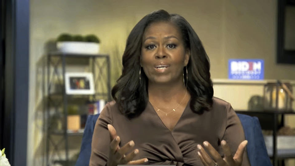 Former first lady Michelle Obama speaks on the first night of the Democratic National Convention on Monday, Aug. 17, 2020.  (Democratic National Convention via AP)