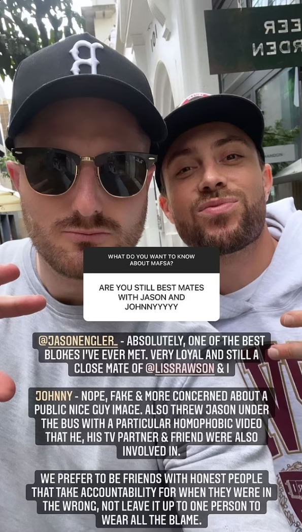 MAFS Bryce's Instagram story about Jason and Johnny.