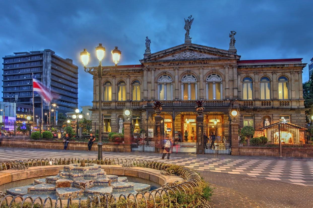 Twilight in front of the National Theatre in San Jose: Getty