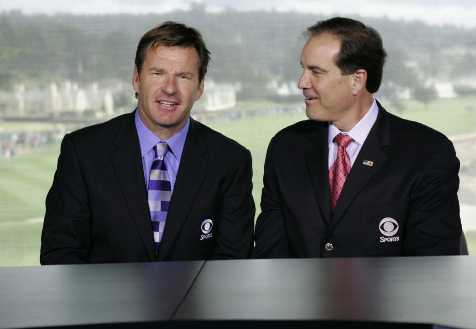 CBS announcers Nick Faldo (left) and Jim Nantz in the broadcast booth at the 18th green during the third round of the AT&T Pebble Beach National Pro-Am on the Poppy Hills Golf Course on February 10, 2007. (Michael Cohen/Getty Images)