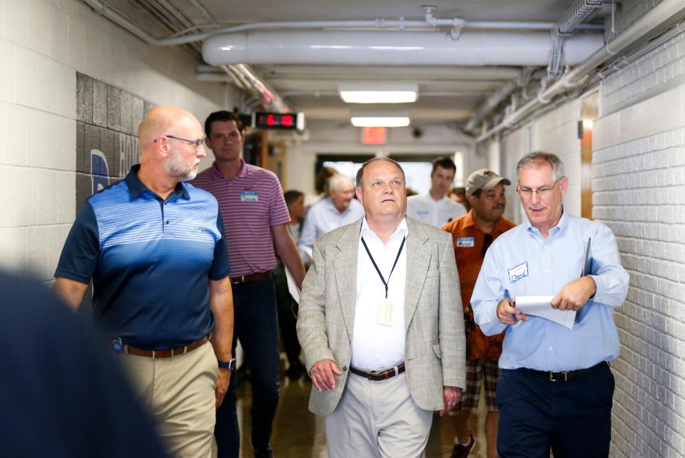 The Community Task Force on Facilities toured Pipkin Middle School during its first meeting Friday. On the tour was, from left, Travis Shaw, executive director of operations; Steve Makoski, school board member; and David Hall, co-chair.