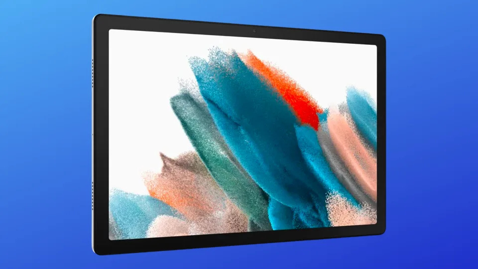The Samsung Galaxy Tab A8 on a blue background