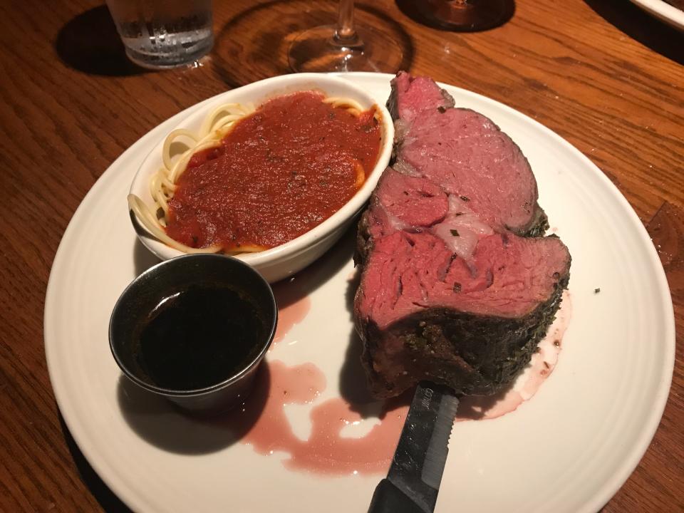 Prime rib with a side of spaghetti from Chicago Speakeasy.
