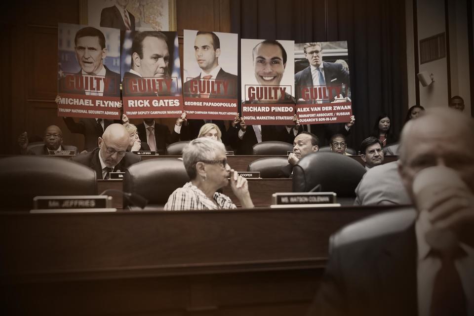 At a hearing earlier this month, Rep. Elijah Cummings (D-Md.) had posters printed with images of those who have pleaded guilty in the Mueller probe. (Photo: Illustration: HuffPost; Photo: Getty Images)