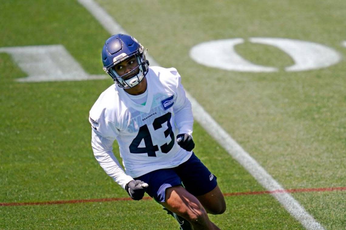 Seahawks international-development practice-squad player Aaron Donkor working linebacker drills at an offseason mincamp practice at team headquarters in Renton.