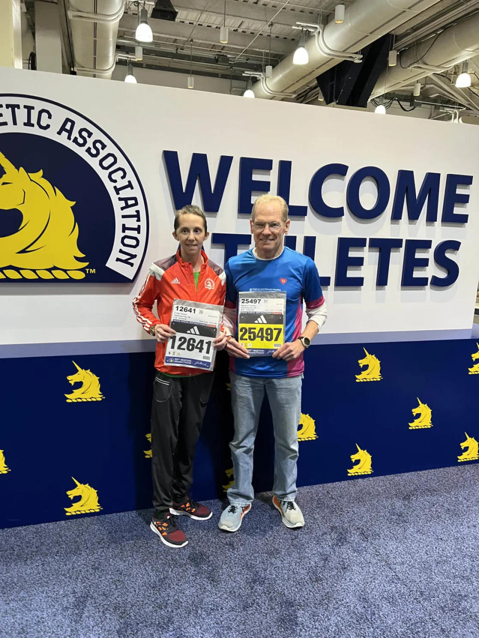 Rachel and her longtime running partner Tim Altendorf were all smiles ahead of the Boston Marathon on April 17. (Credit: Rachel and John Foster) 
