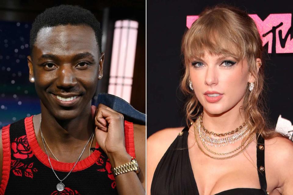 <p>John Fleenor via Getty Images; Kevin Mazur/Getty Images</p> Jerrod Carmichael and Taylor Swift