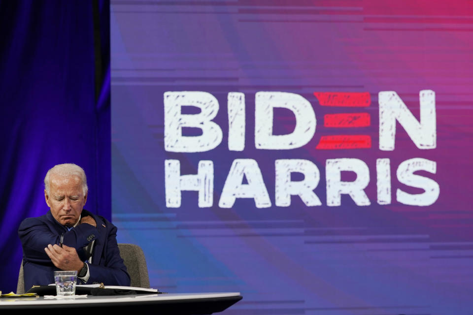 Democratic presidential candidate former Vice President Joe Biden receives a briefing from education leaders and experts in Wilmington, Del., Wednesday, Sept. 2, 2020. (AP Photo/Carolyn Kaster)