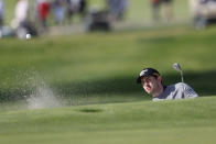 Patrick Cantlay hits from a bunker to the 12th green during the second round of the Genesis Invitational golf tournament at Riviera Country Club, Friday, Feb. 17, 2023, in the Pacific Palisades area of Los Angeles. (AP Photo/Ryan Kang)