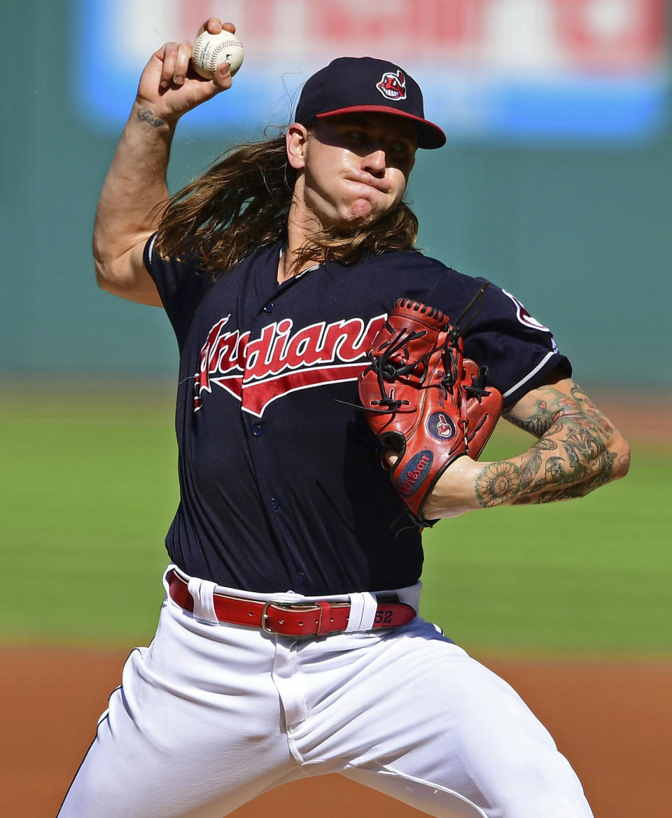 Cleveland Indians starting pitcher Mike Clevinger delivers in the first inning of a baseball game against the Detroit Tigers, Saturday, Sept. 15, 2018, in Cleveland. (AP Photo/David Dermer)