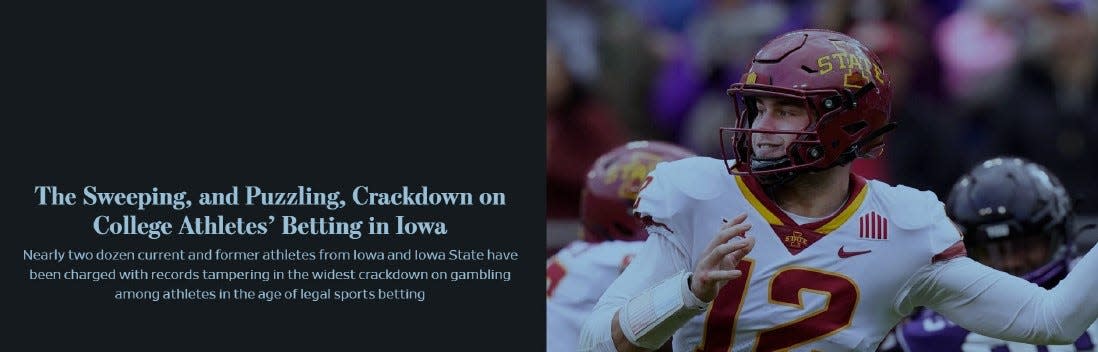 A slide from a GeoComply presentation highlights a Wall Street Journal story about Iowa's crackdown on gambling by college athletes.