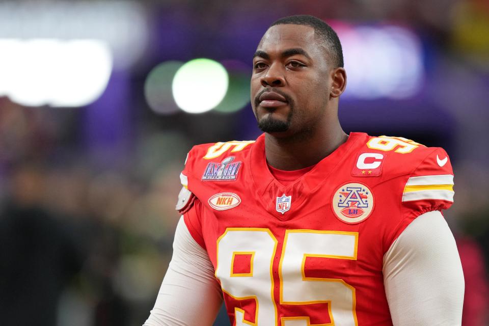 Kansas City Chiefs defensive tackle Chris Jones warms up before Super Bowl LVIII against the San Francisco 49ers at Allegiant Stadium, Feb. 11, 2024 in Las Vegas, Nevada.