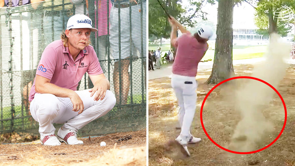 Cameron Smith (pictured left) looking at the final hole and (pictured right) hitting a tree on the final hole of the World Golf Championships-FedEx St Jude Invitational.