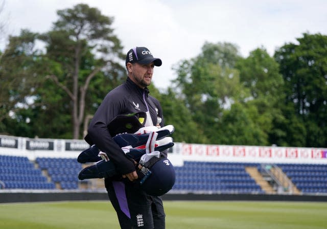 England all-rounder Liam Livingstone holding his training kit at Sophia Gardens.