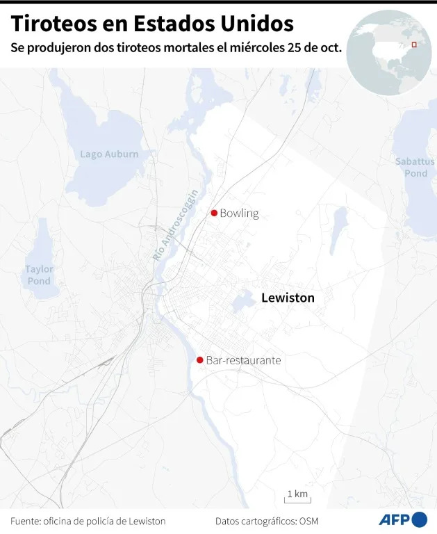 Mapa de la ciudad de Lewiston, en el estado de Maine, donde se produjeron dos tiroteos el 25 de octubre de 2023 (Nalini Lepetit-Chella)