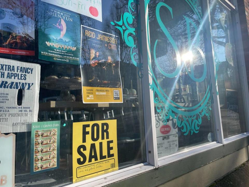 A “for sale” sign in the window of Sweet Bellingham on Tuesday, March 5, 2024 at 1005 Harris Ave in Bellingham, Wash.