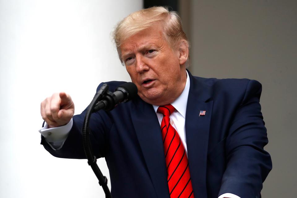 President Donald Trump speaks about the coronavirus during a press briefing in the Rose Garden of the White House, Monday, May 11, 2020, in Washington.