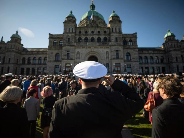 A ceremonial procession for Queen Elizabeth II set off from the Parliament Buildings in Victoria on Monday morning.  (Ben Nelms/CBC - image credit)