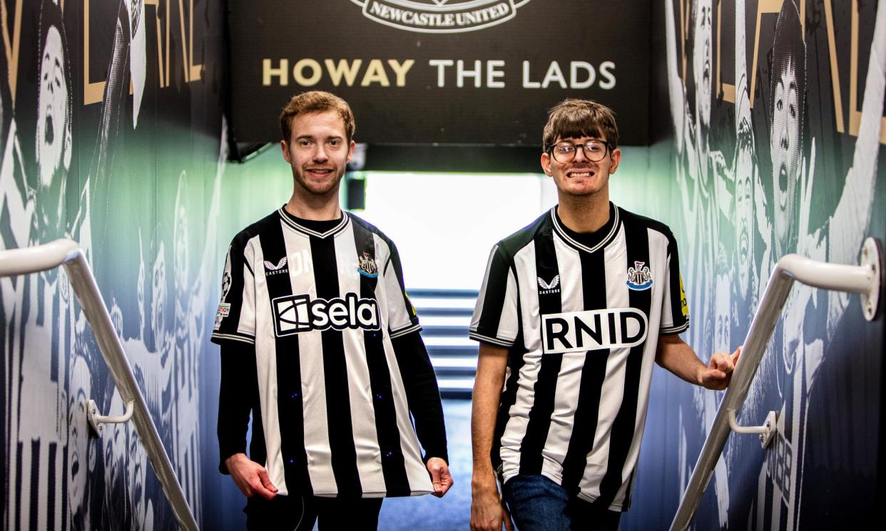 <span>Newcastle fans David Wilson (right) and Ryan Gregson will be among home supporters wearing haptic shirts against Spurs on Saturday.</span><span>Photograph: Lucy Ray/PA</span>