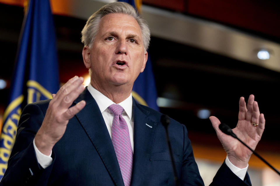 House Minority Leader Kevin McCarthy of Calif., speaks during his weekly press briefing on Capitol Hill, Thursday, April 22, 2021, in Washington. (AP Photo/Andrew Harnik)