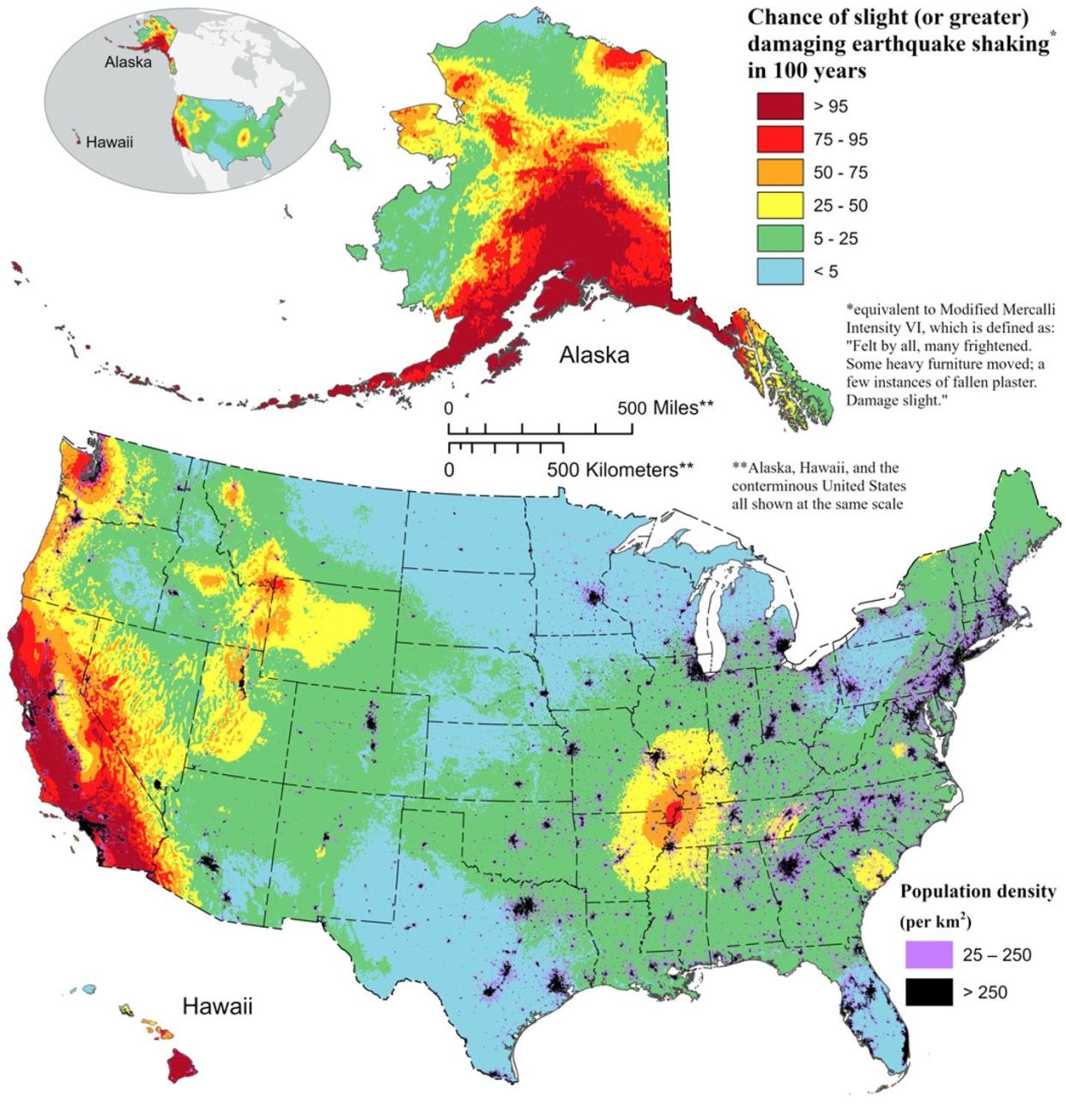 This color-coded map pinpoints where damaging earthquakes are most likely to occur in the United States over the next 100 years.