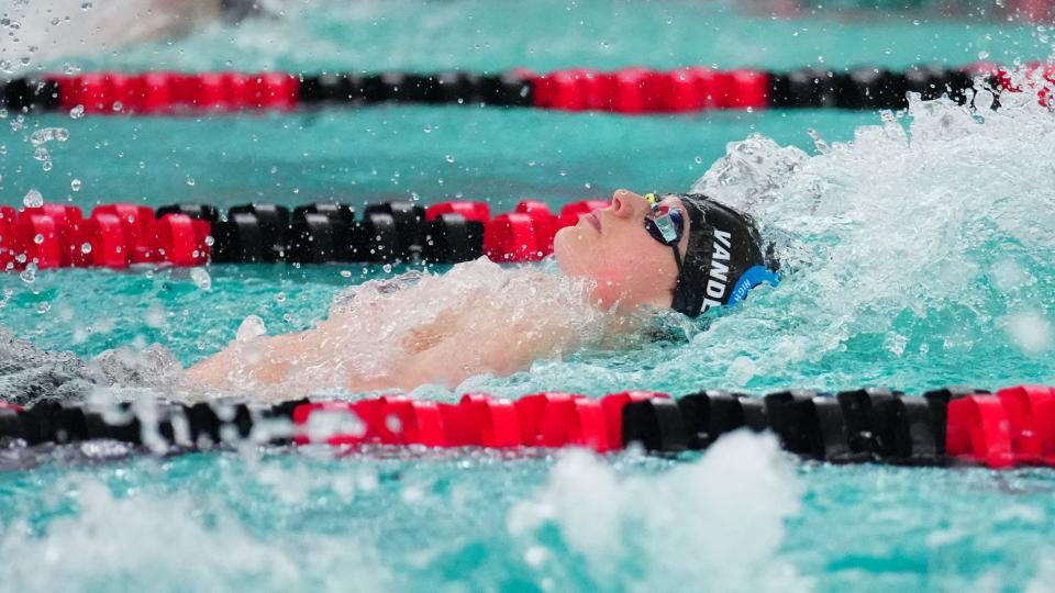 Milwaukee Reagan co-op's Mark Vanderbilt competes in the 100-yard backstroke during the WIAA Division 1 boys state swimming and diving championships at Waukesha South, Saturday, Feb. 17, 2024.