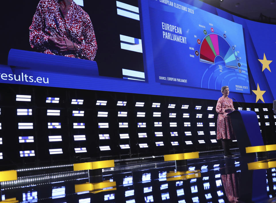 FILE - In this file photo dated Monday, May 27, 2019, Denmark's Margrethe Vestager, speaks at the European Parliament in Brussels. In recent years Competition Commissioner Margrethe Vestager has ramped up enforcement efforts on tech giants, but has also declared that stronger consumer protection rules would have a big role in protecting consumers. (AP Photo/Francisco Seco, FILE)