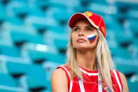 <p>A female soccer fan is seen ahead of the 2018 FIFA World Cup Russia quarter final match between Russia and Croatia at the at the Fisht Stadium in Sochi, Russia on July 07, 2018. (Photo by Sebnem Coskun/Anadolu Agency/Getty Images) </p>