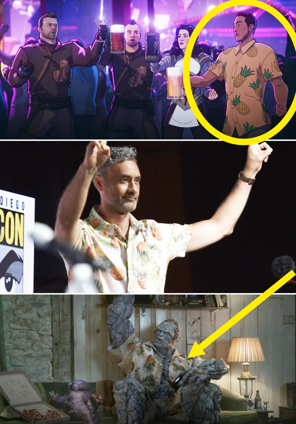 A guy at Thor's party in a pineapple shirt, Taika Waititi wearing one, vs Korg wearing one