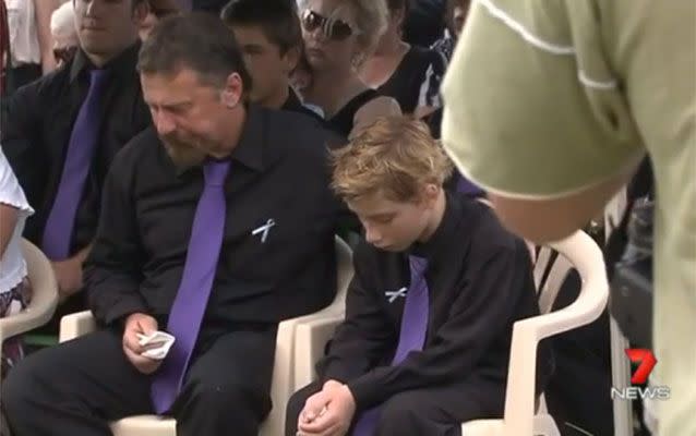 Blake and John Tyson at the funeral of Jordan and Donna Rice in 2011. Photo: 7 News