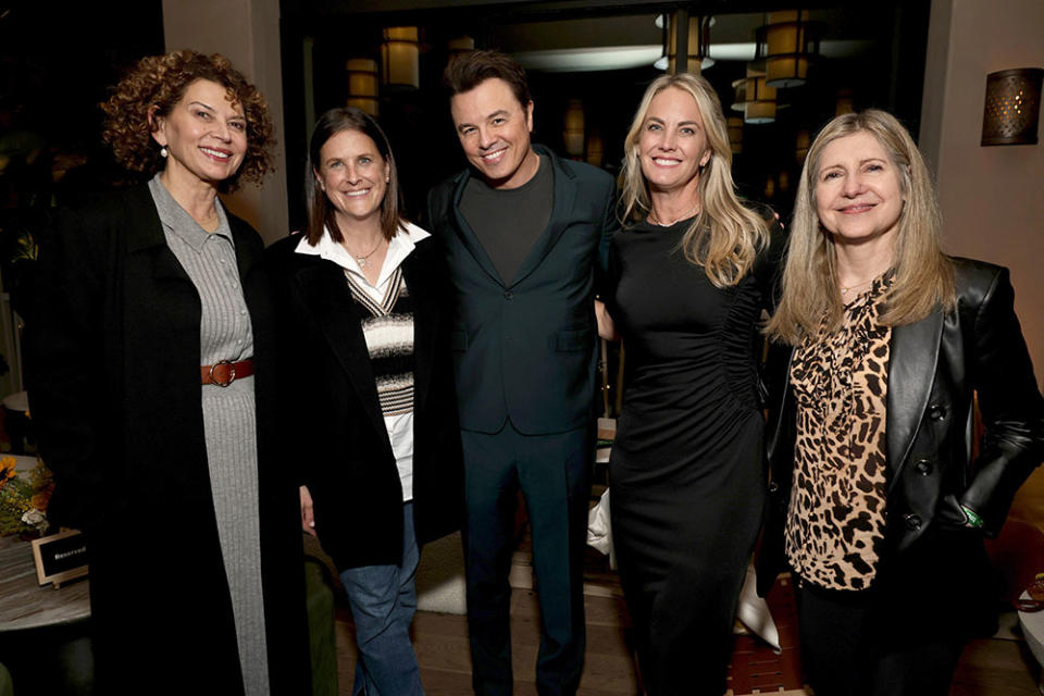 (l-r) Donna Langley, Chairman, NBCU Studio Group & Chief Content Officer, NBCUniversal Studio Group; Lisa Katz, President, Scripted Content, NBCUniversal; Seth MacFarlane, Kelly Campbell, President, Peacock & Direct to Consumer, NBCUniversal; Frances Berwick, Chairman, NBCUniversal Entertainment at Alma at The Grove on January 10, 202