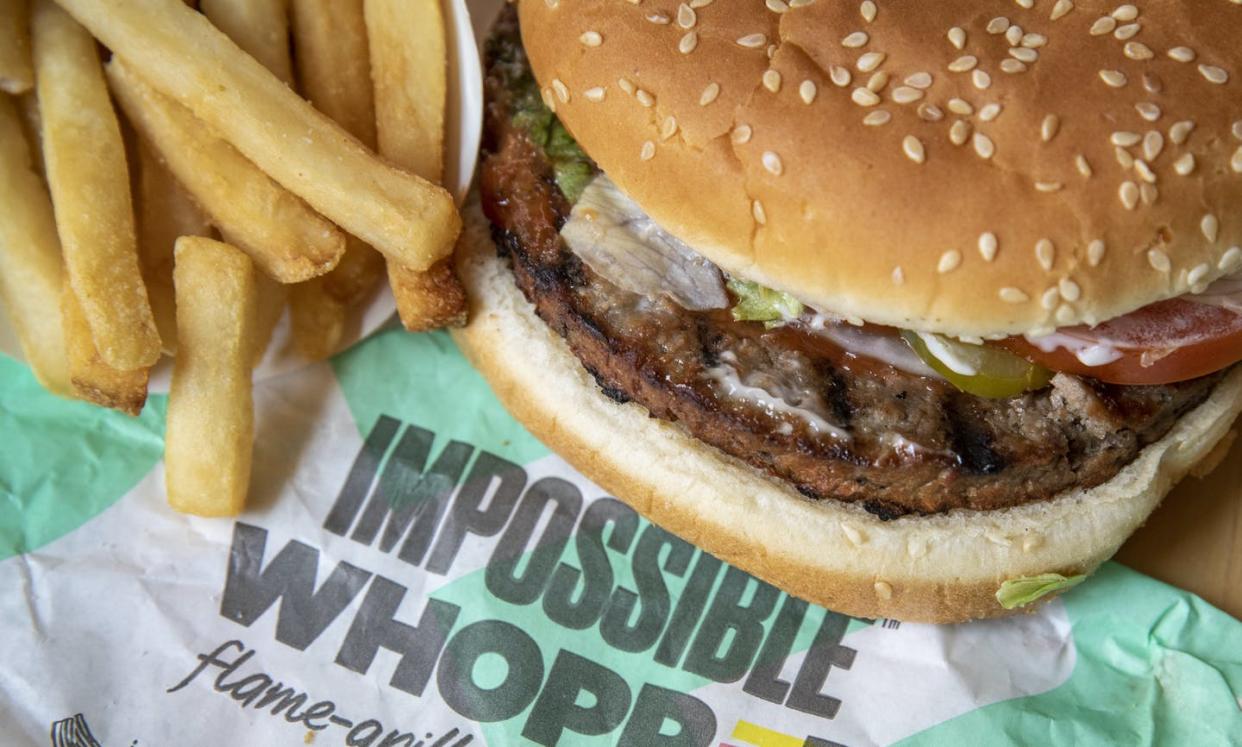 <span class="caption">Where's the beef?</span> <span class="attribution"><a class="link " href="https://www.gettyimages.com/detail/news-photo/in-this-photo-illustration-the-new-impossible-whopper-sits-news-photo/1160320536?adppopup=true" rel="nofollow noopener" target="_blank" data-ylk="slk:Drew Angerer/Getty Images News;elm:context_link;itc:0;sec:content-canvas">Drew Angerer/Getty Images News</a></span>