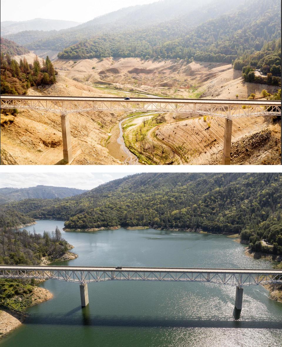 This aerial combination photo created on April 17, 2023, shows a car crossing the Enterprise Bridge at Lake Oroville in Oroville, California, on September 05, 2021 (top), and on April 16, 2023 (below). – A very wet winter has left California’s reservoirs looking healthier than they have for years, as near-record rainfall put a big dent in a lengthy drought.<br>A series of atmospheric rivers — high altitude ribbons of moisture — chugged into the western United States, dousing a landscape that had been baked dry by years of below-average rain. (Photo by JOSH EDELSON / AFP) (Photo by JOSH EDELSON/AFP via Getty Images)