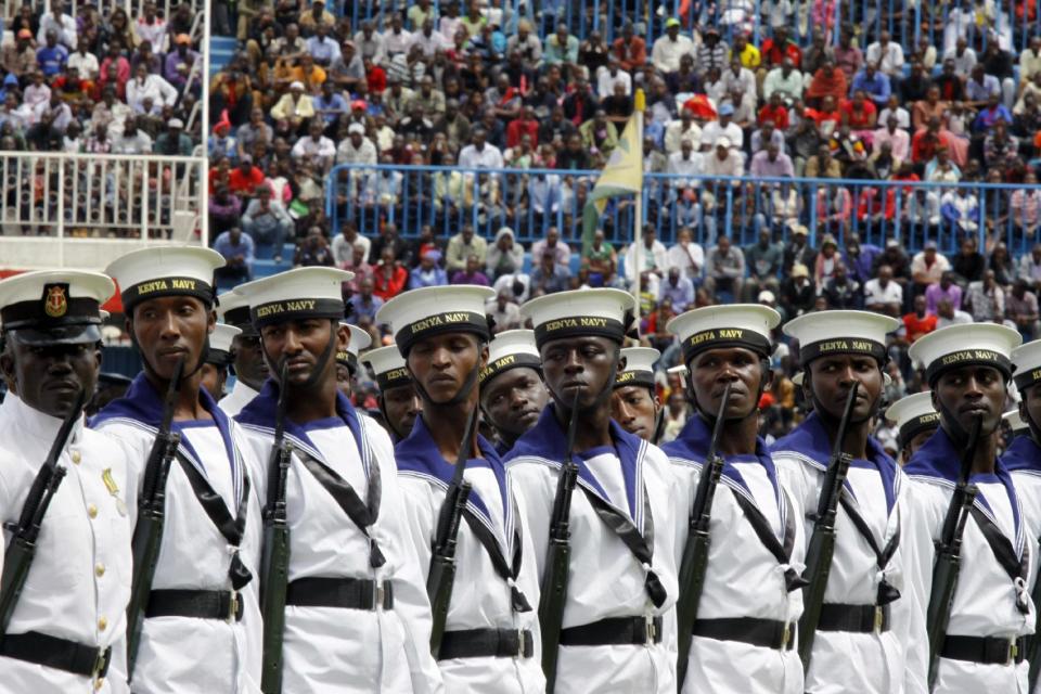 Kenyan Navy personnel take part in the trooping of the colour parade, during the 53rd Jamhuri Day Celebrations (Independence Day) at Nyayo Stadium in Nairobi, Monday, Dec. 12, 2016. Kenya got its Independence from British rule in 1963. (AP Photo/Khalil Senosi)