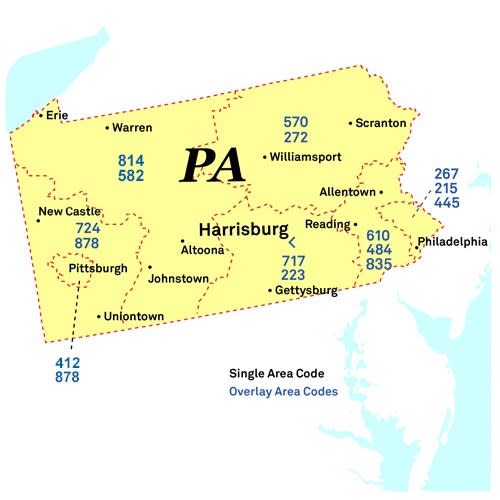 Area code map, courtesy of the Pennsylvania Public Utilities Commission