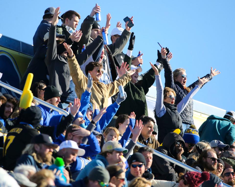 Fans in the East Stands dance to "YMCA" in the second quarter of the Blue Hens' 35-7 loss at Delaware Stadium, Saturday, Nov. 18, 2023.