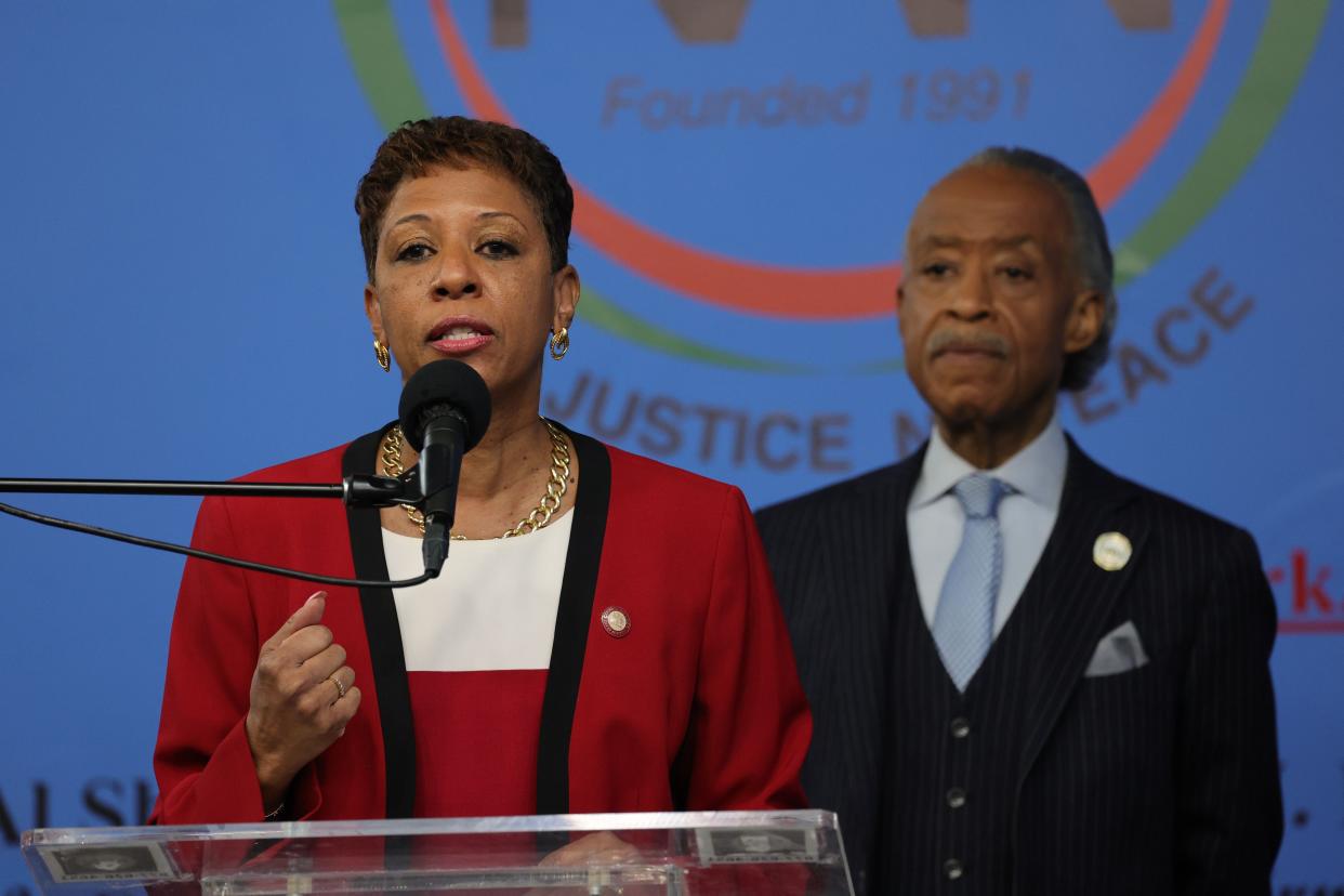 New York City Council Adrienne Adams (D-Queens) speaks at the National Action Networks (NAN) headquarters during the annual Martin Luther King Day event in Harlem, New York on Monday, Jan. 17, 2022. Rev. Al Sharpton is pictured in the background.
