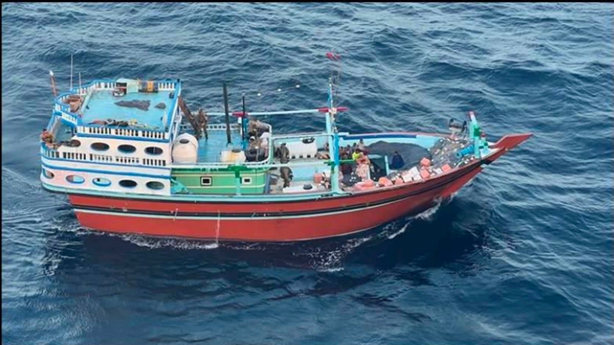 This undated photograph released by the U.S. military's Central Command shows what it is described as the vessel that carried Iranian-made missile components bound for Yemen's Houthi in the Arabian Sea. U.S. Navy SEALs seized Iranian-made missile parts and other weaponry from a ship bound for Yemen's Houthi rebels in a raid that saw two of its commandos go missing, the U.S. military said Tuesday, Jan. 16, 2024.  ((U.S. Central Command via AP))