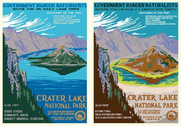 Hannah Rothstein based her paintings on artwork created by Ranger Doug in the style of Works Progress Administration posters. (Images: Left, Ranger Doug/rangerdoug.com, right, Hannah Rothstein/hrothstein.com)