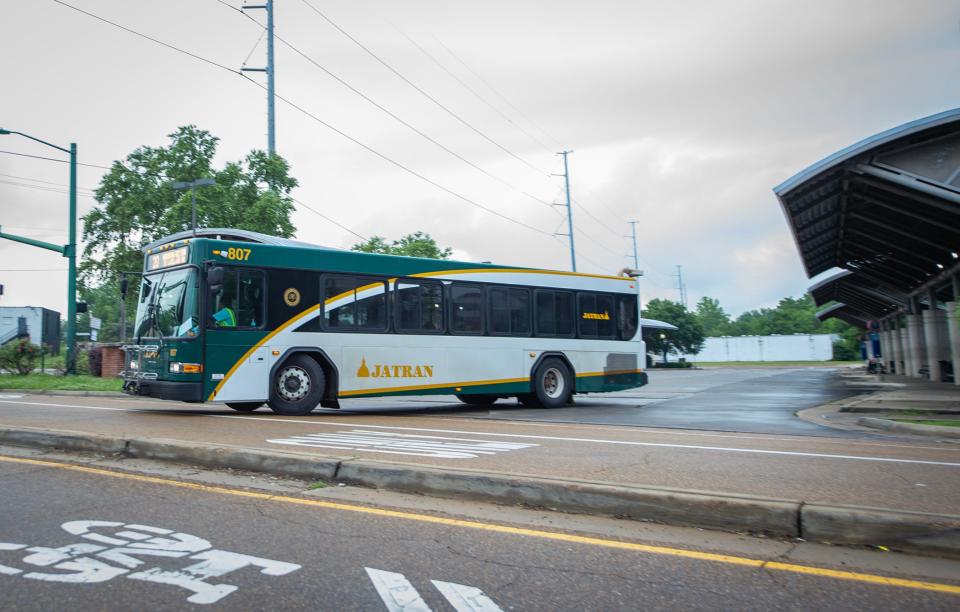 A JTRAN bus leaves Union Station in Jackson on Friday, May 17, 2024. Although there was a JTRAN strike threat, buses were on the road Friday morning. The JTRAN website reported no delays.