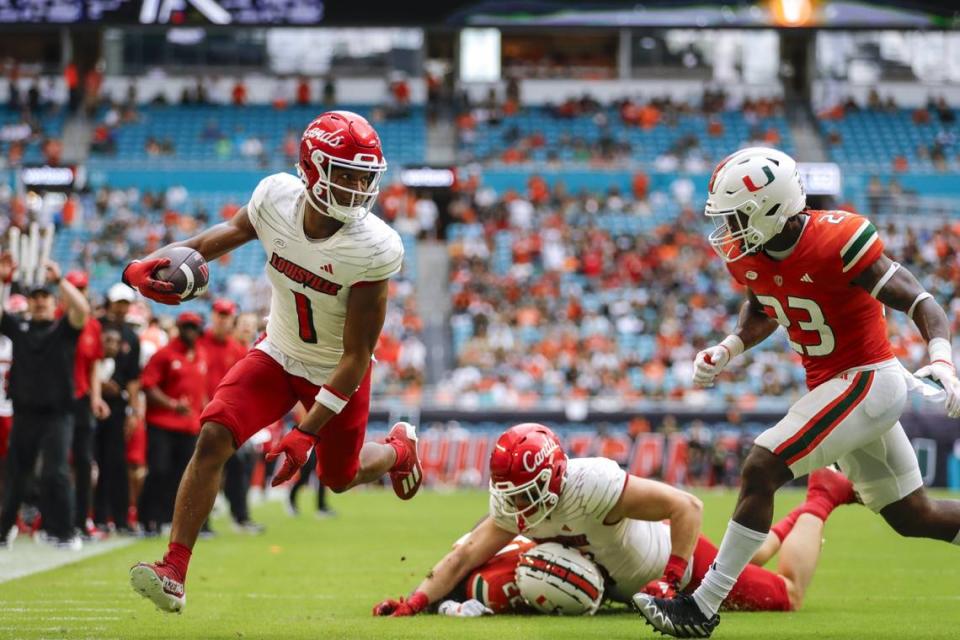 Jamari Thrash (1) leads Louisville receivers this season with 50 catches for 741 yards and six touchdowns.