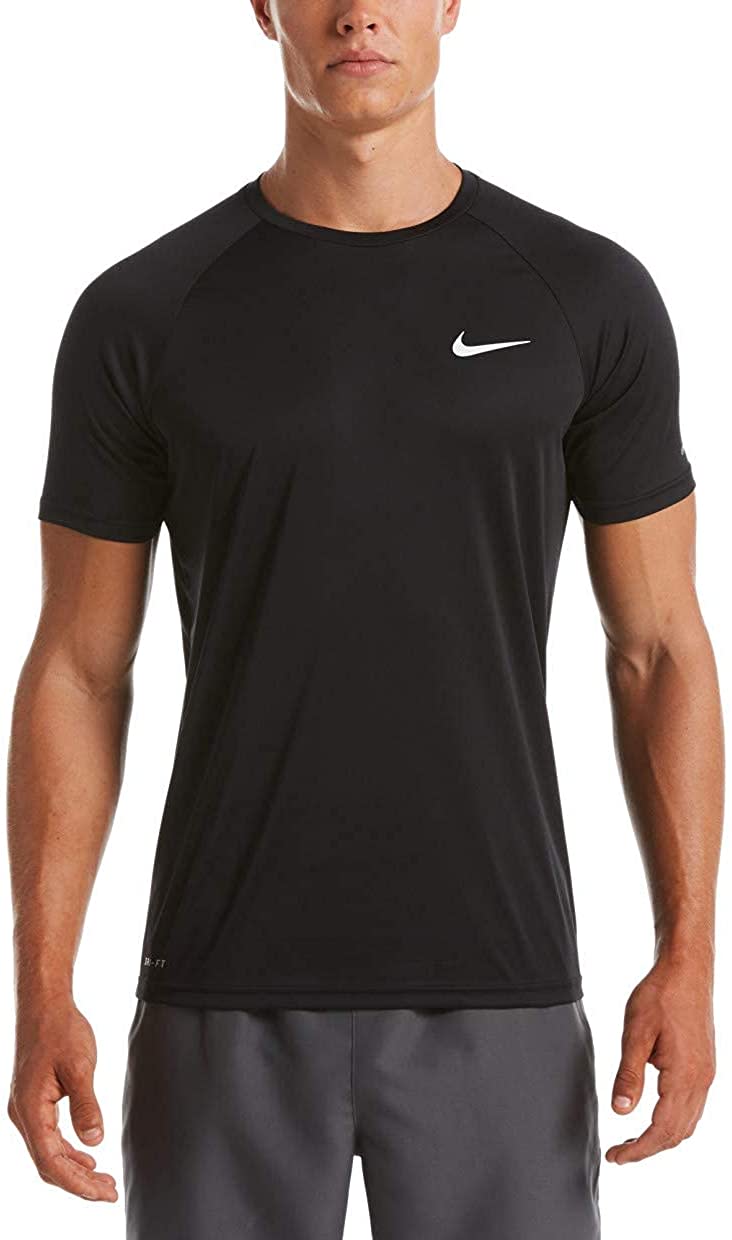 Man wears Nike Essential Short-Sleeve Hydroguard swim shirt; best swim shirts