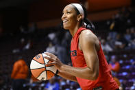 Las Vegas Aces' A'ja Wilson warms up for Game 3 of the basketball team's WNBA Finals against the Connecticut Sun, Thursday, Sept. 15, 2022, in Uncasville, Conn. (AP Photo/Jessica Hill)