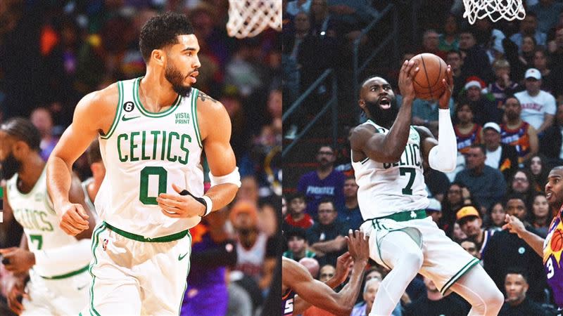 泰坦（Jayson Tatum）聯手布朗（Jaylen Brown）狂飆50分，輕鬆射下太陽。（圖／翻攝自塞爾提克推特）