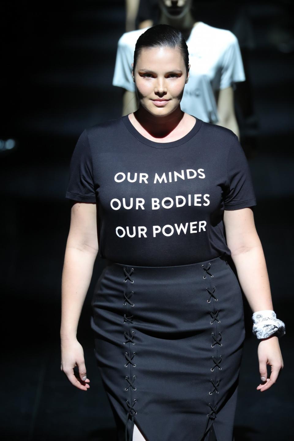 Candice Huffine debuts “Our Minds Our Bodies Our Power” T-shirt at the Prabal Gurung Fall/Winter 2017 show.