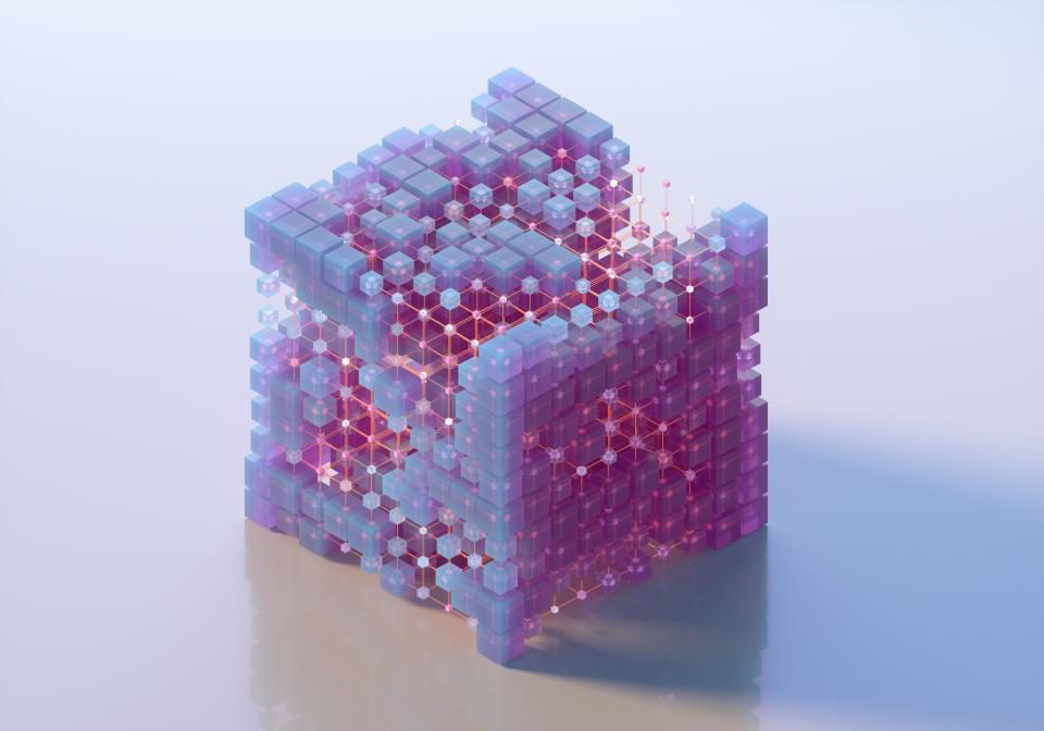 Digital generated image of glowing semi transparent purple cubes connecting with other cubes and forming big net cubic shape on light purple background.