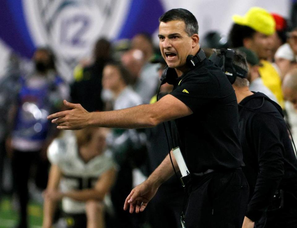 Head coach Mario Cristobal of the Oregon Ducks reacts during the Pac-12 Conference championship game against the Utah Utes at Allegiant Stadium on December 3, 2021 in Las Vegas, Nevada. The Utes defeated the Ducks 38-10.