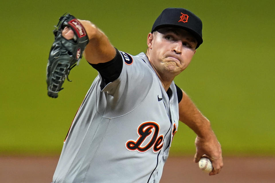 Detroit Tigers starting pitcher Tarik Skubal winds up during the first inning of the team's baseball game against the Pittsburgh Pirates in Pittsburgh, Tuesday, June 7, 2022. (AP Photo/Gene J. Puskar)